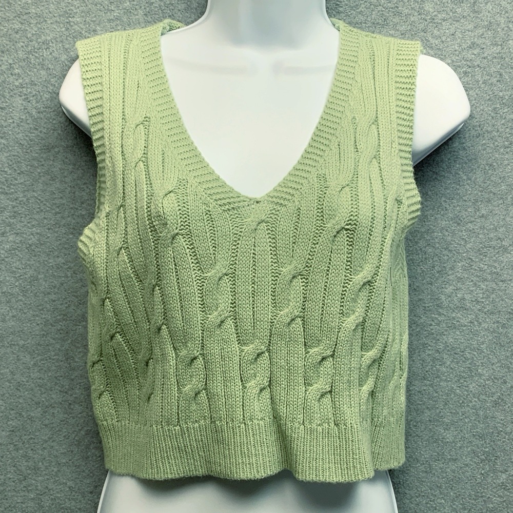 Cable Knit Sweater Vest Cropped Size Large Green Academia Preppy Whimsigoth